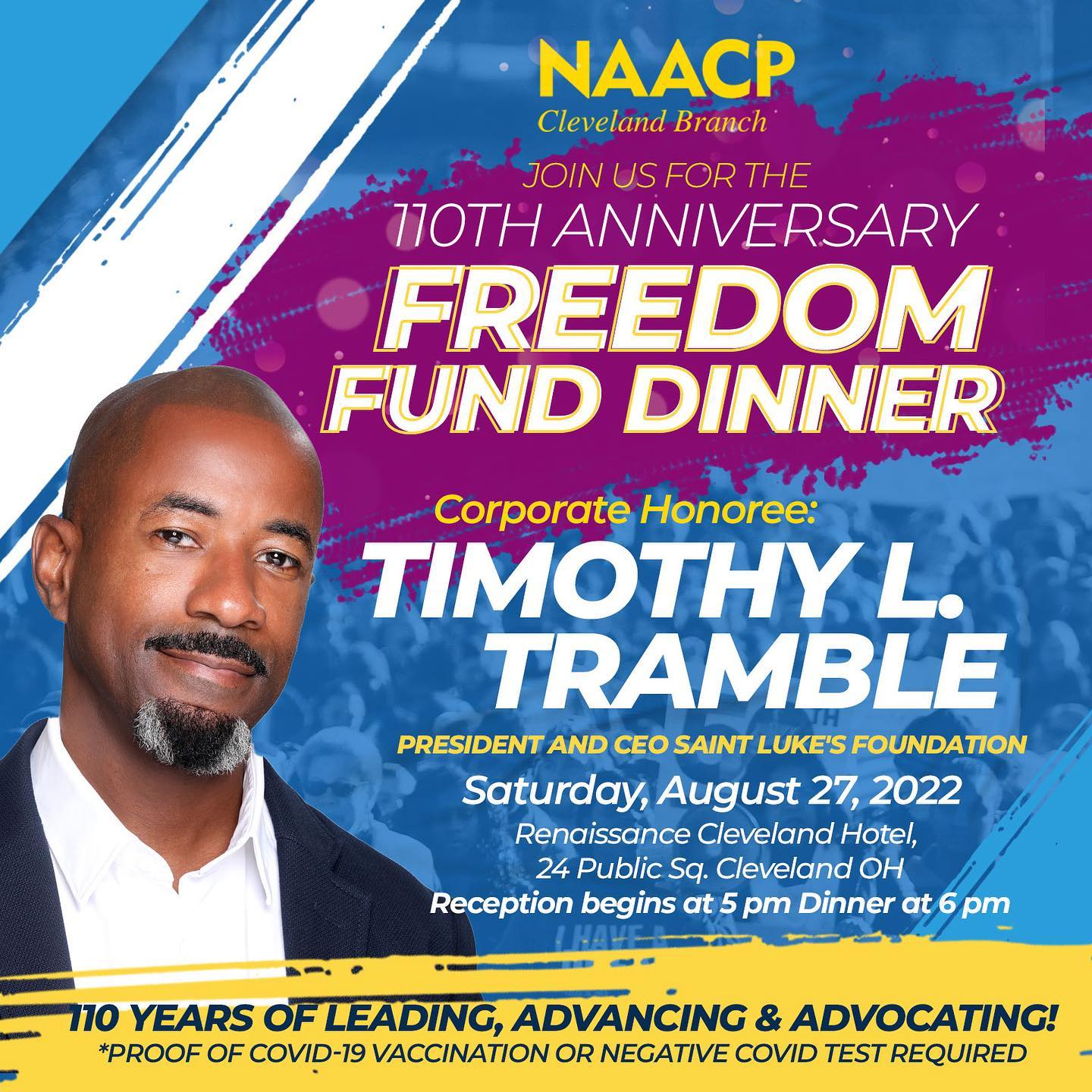We are just going to call August a Celebration of #BlackExcellence because there are so many great events happening! 

It’s time for our 110th Branch Anniversary Freedom Fund Dinner and we are delighted to be recognizing Saint Luke’s Foundation, President & CEO @timothytramble 

His commitment to the community over the last 30 years is evident if you ride through the neighborhood you can see his work. 

Interested in being a sponsor feel free to contact our office for more info. 

Individual tickets will go on sale 7/30! 

Join us to celebrate 110 years of Leading, Advancing & Advocating. 

** Proof of a Covid-19 Vaccination or a Negative Covid test is required **